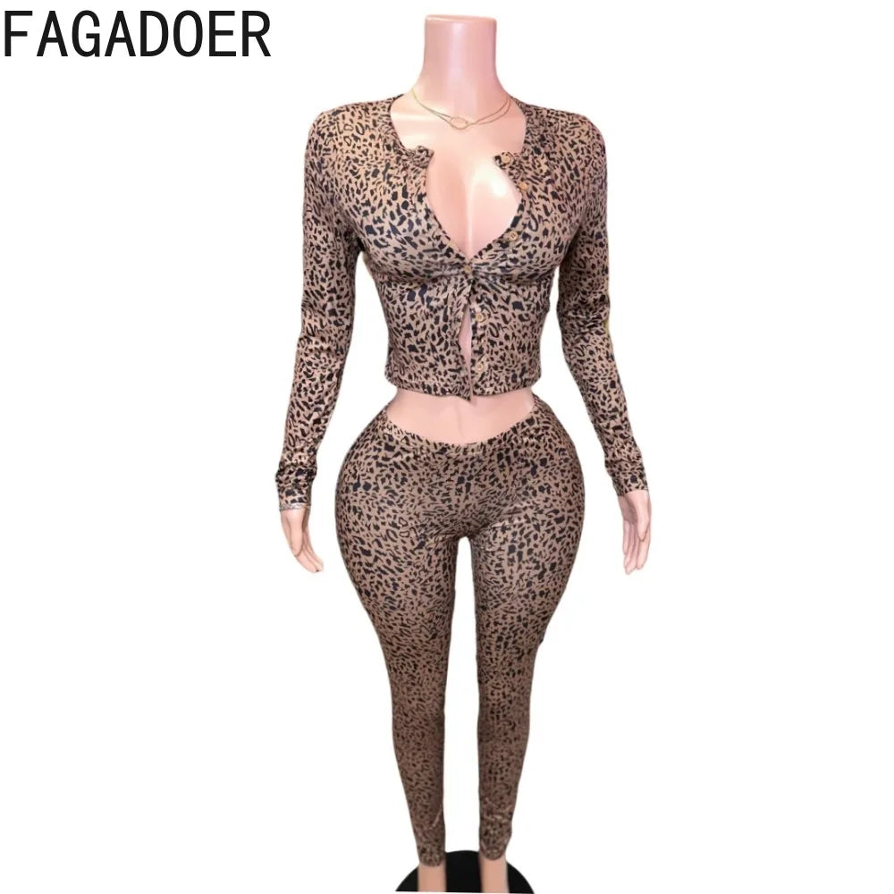 FAGADOER Fashion Leopard Print 2 Piece Sets Women Outfit Long Sleeve Crop Top + Low Waist Skinny Pants Suits Female Streetwear