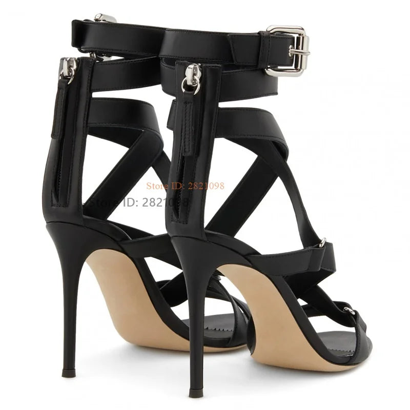 Black Leather Ankle Wrap Buckle Back Zipper Open Toe Sandals for Women