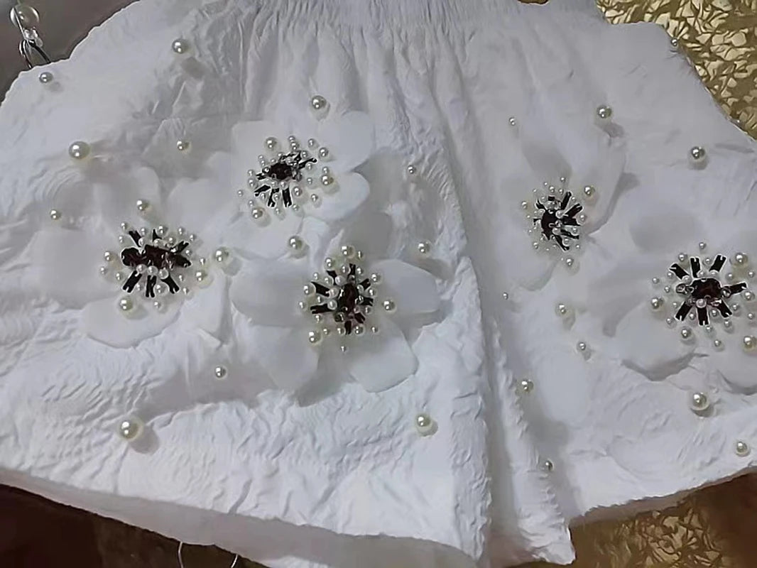 Pearl Beaded Three Dimensional Floral Embroidered Wide Leg Shorts for Women