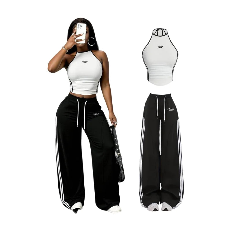 Women Halter Striped Crop Top And Drawstring Wide Leg Pants For Sporty Streetwear Gym And Daily Casual Occasion