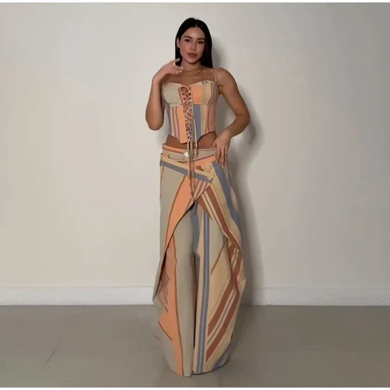 Striped Patchwork Vest and Asymmetric Trousers Set for Women