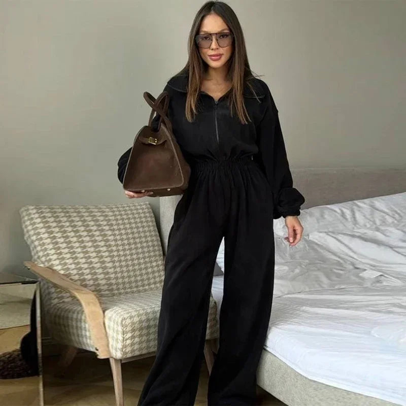 Casual Brown Stand Collar Long Sleeve Jumpsuit for Women