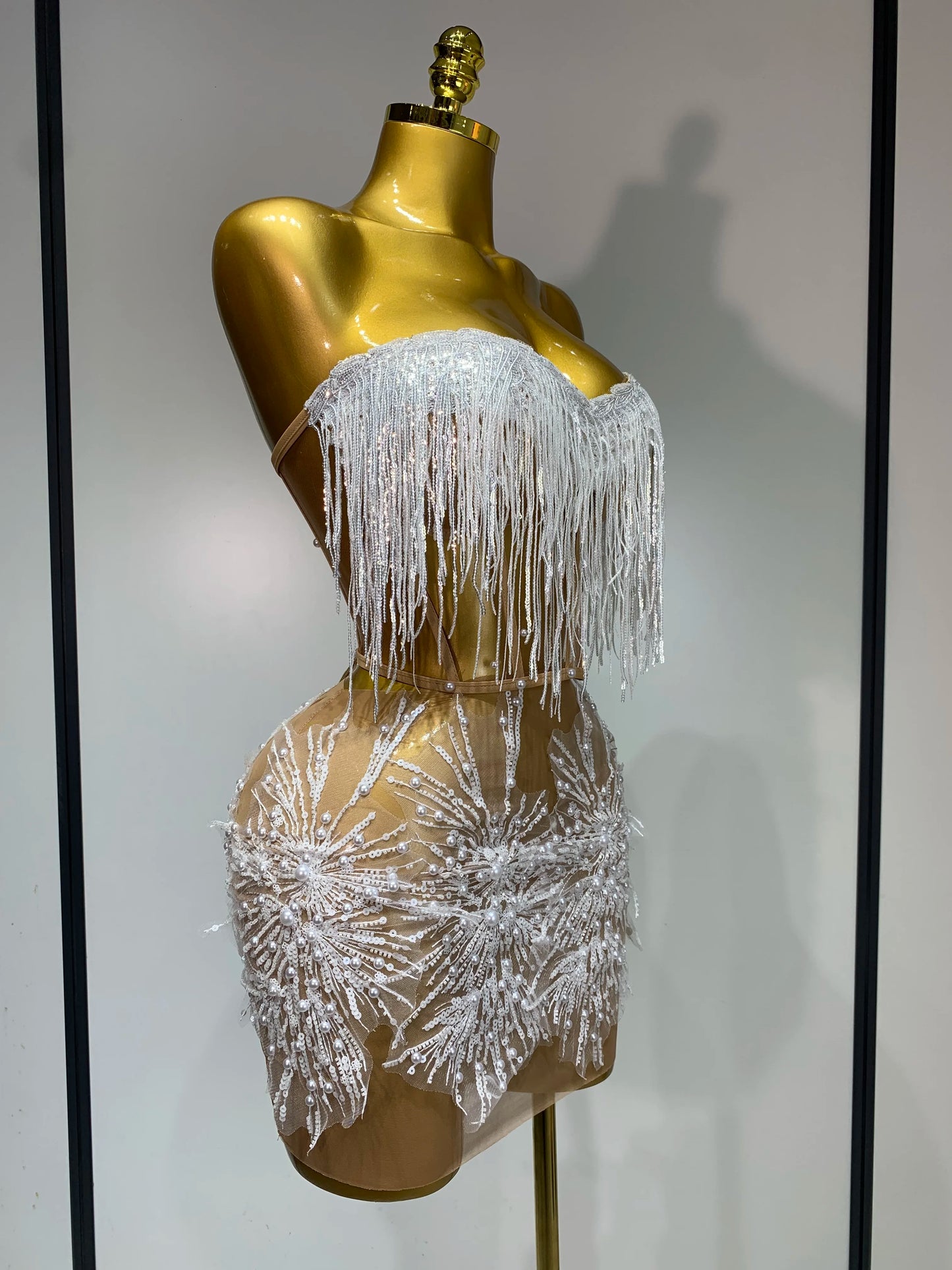 Women Sexy Mesh See Through Pearl Lace Party Mini Dress Celebrate Birthday Photo Shoot Wear Performance Stage Costume