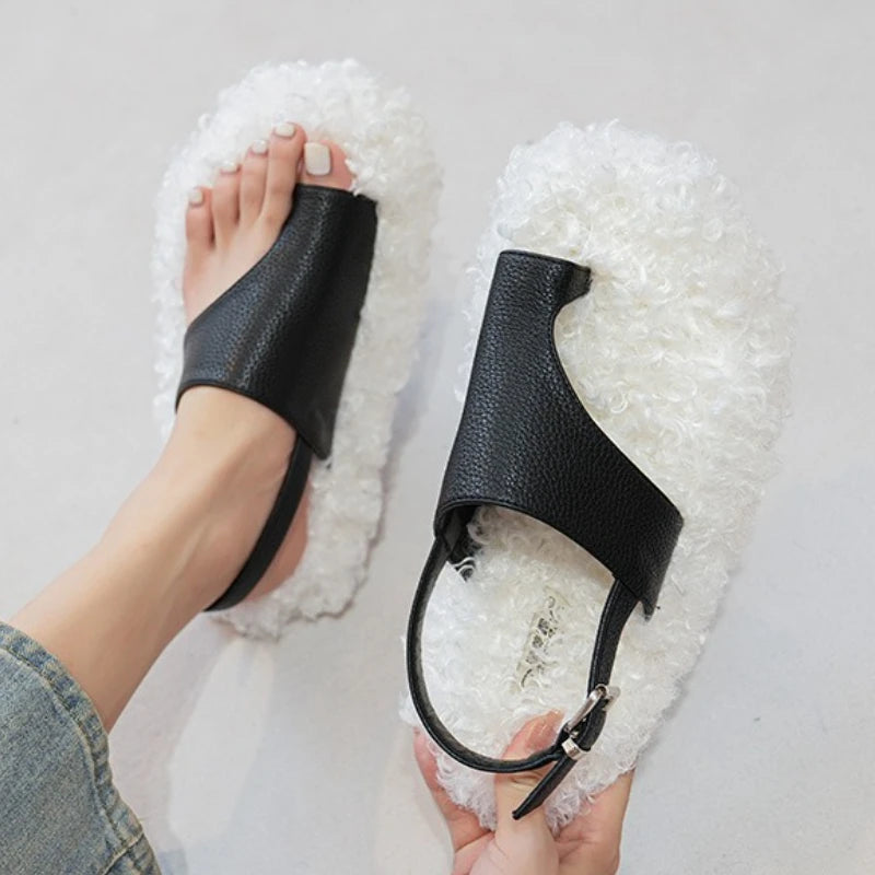 Cozy Plush Buckle Strap Flat Toe Slippers for Women