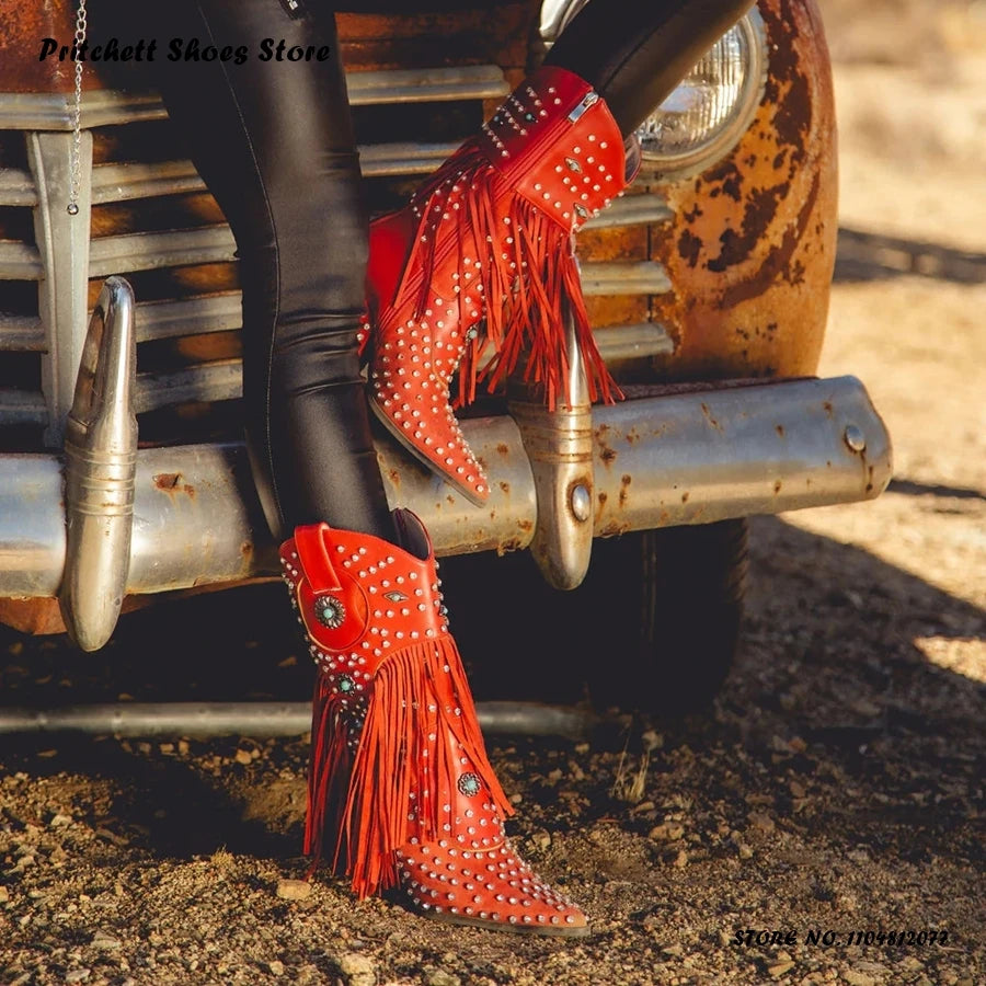 Crystal Embellished Fringe Pointed Toe Leather Wedge Boots for Women