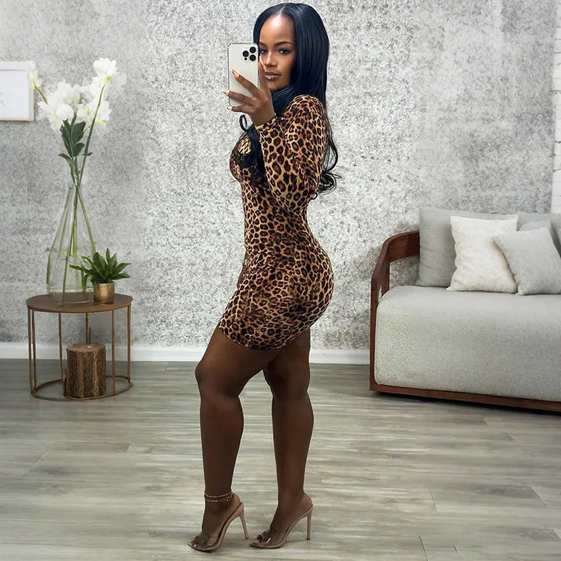 Leopard Print Off Shoulder Backless Bandage Patchwork Dress for Women