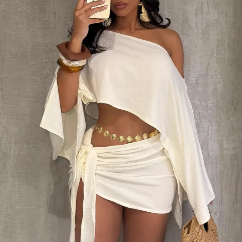 Elegant One Shoulder Crop Top and Mini Skirt Set for Women
