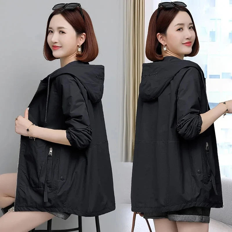 Lining Hooded Coat Female Spring And Autumn Temperament Short Jacket Casual Short Trench Coat Female Hooded Outwear Khaki