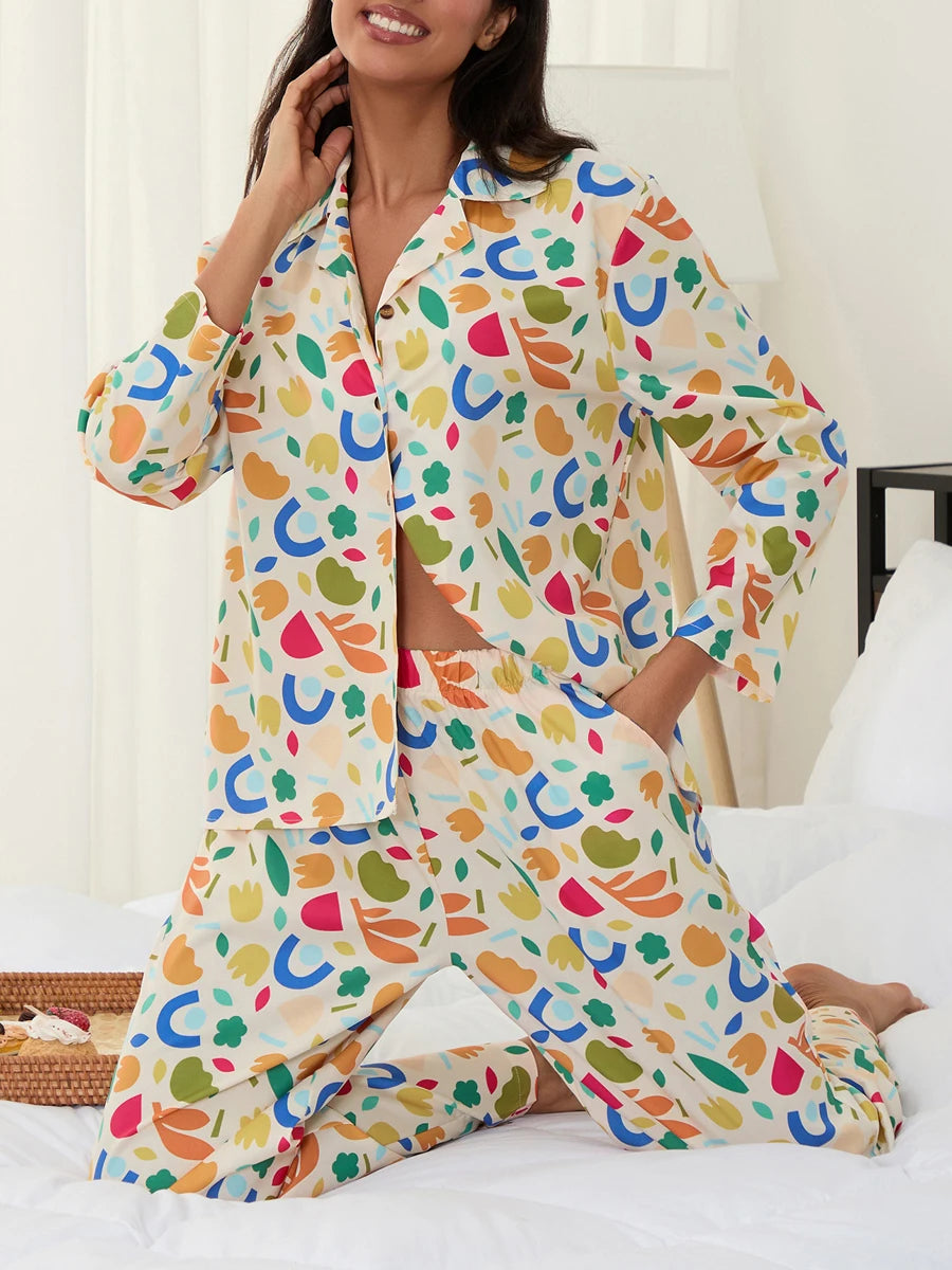 Women Pajamas Set 2 Pieces Loungewear Suits Fashion Print Button up Long Sleeve Tops and Elastic Pants Sleepwear Outfits Pjs