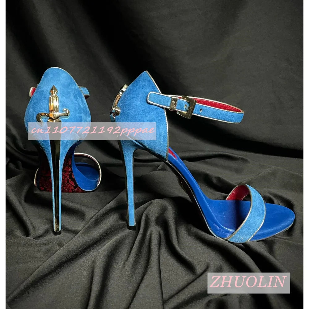 Blue Suede Metallic Sword-Shaped High Heels for Women