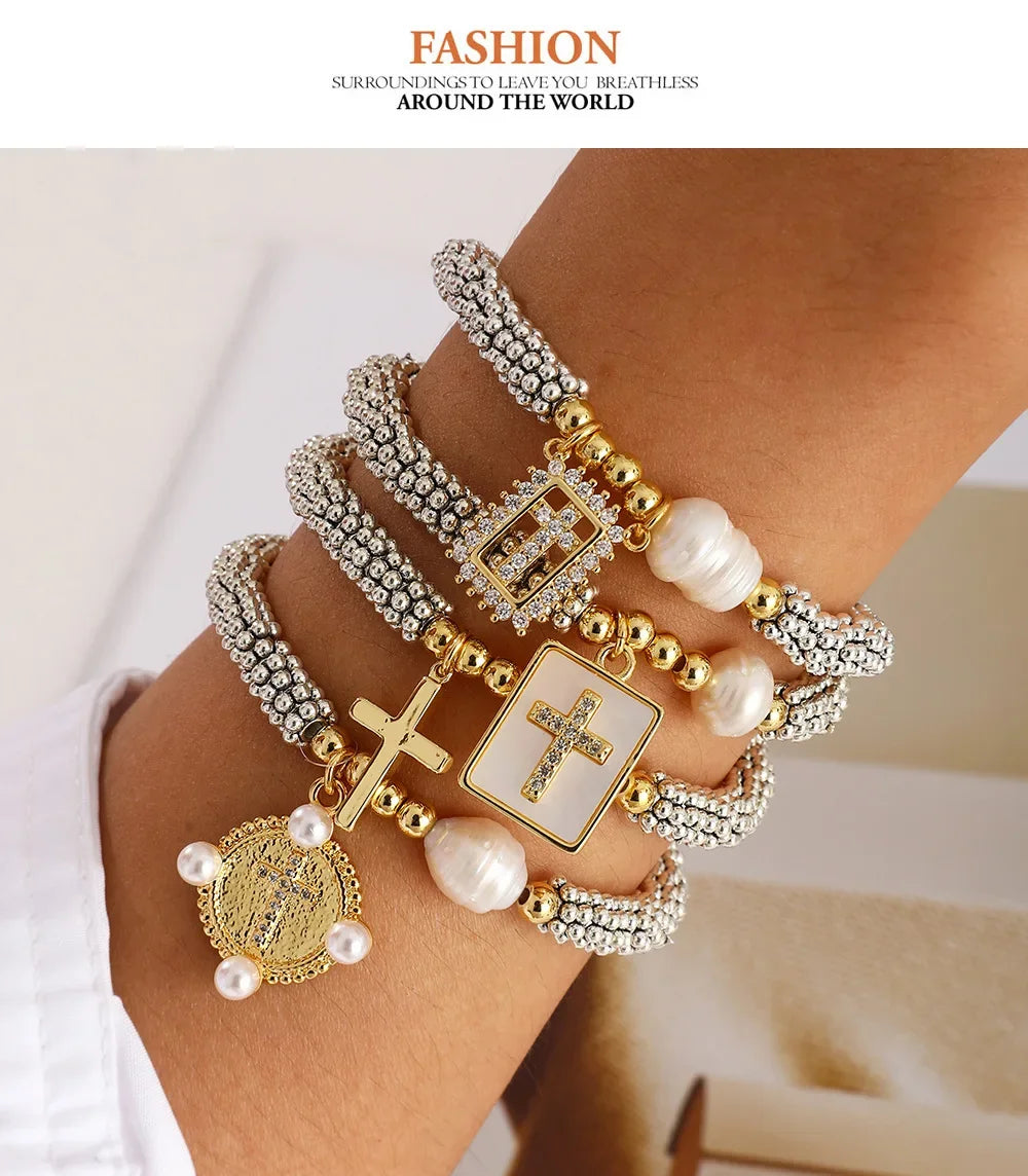 Cubic Zirconia Pearl Cross Bracelet