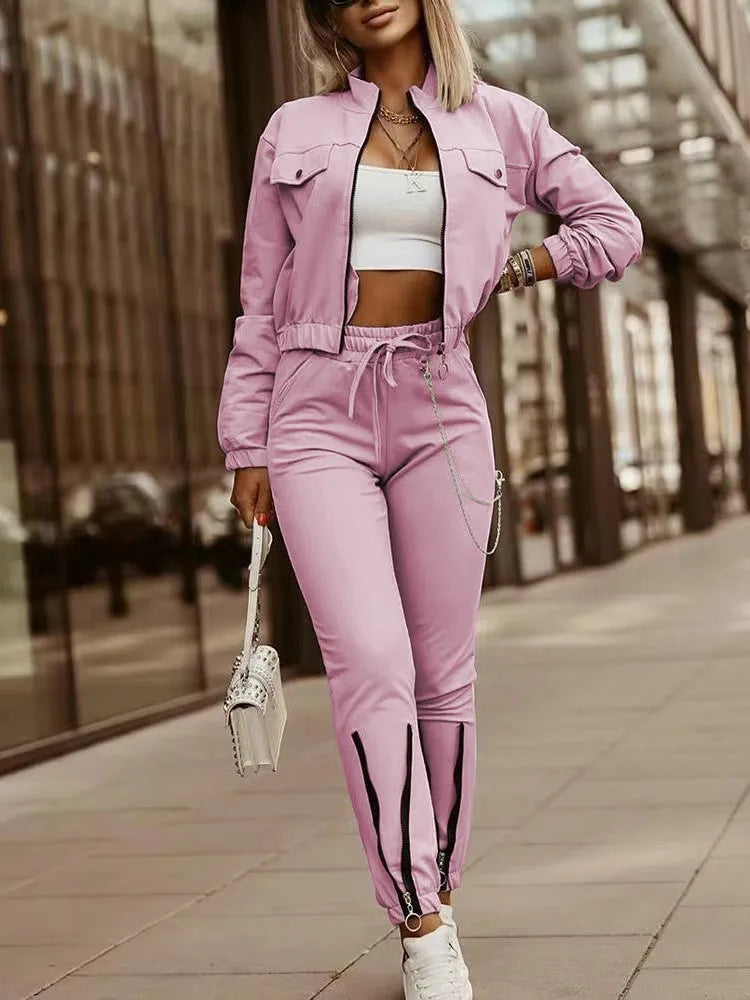 Zipper Long Sleeve Top And Drawstring Pants Set for Women