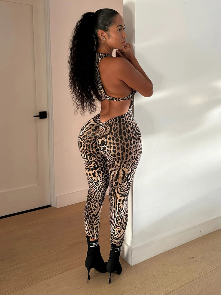 Leopard Print Sleeveless Jumpsuit with Stretch for Women