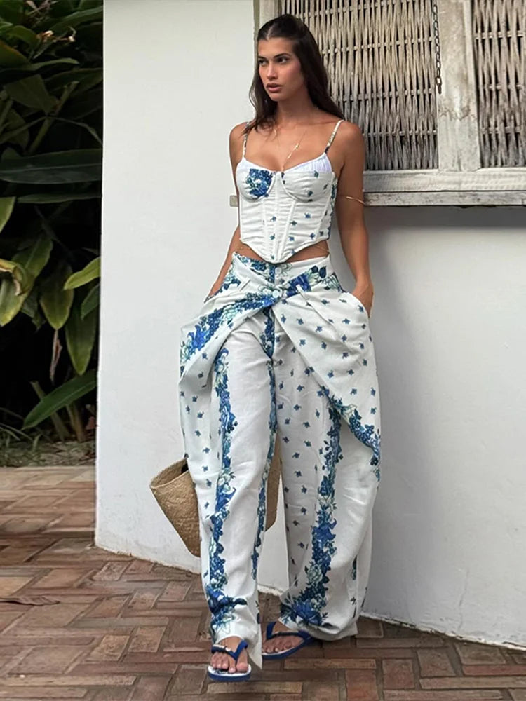 Printed Fishbone Top And Pleated Pants Two Piece Set For Women