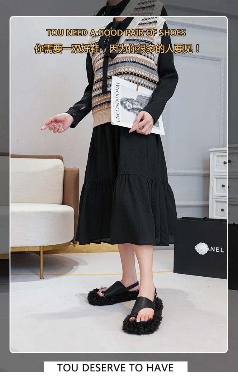 Cozy Plush Buckle Strap Flat Toe Slippers for Women