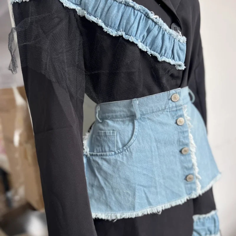 Stylish Patchwork Denim Mini Dresses Lace Deep V-neck Jacket Sexy Irregular Casual-chic Sexy Edgy Top Designers Streetwear