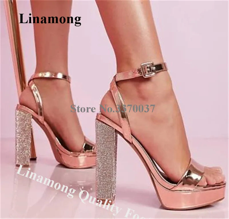 Luxury Rose Gold Rhinestone Platform Sandals for Women