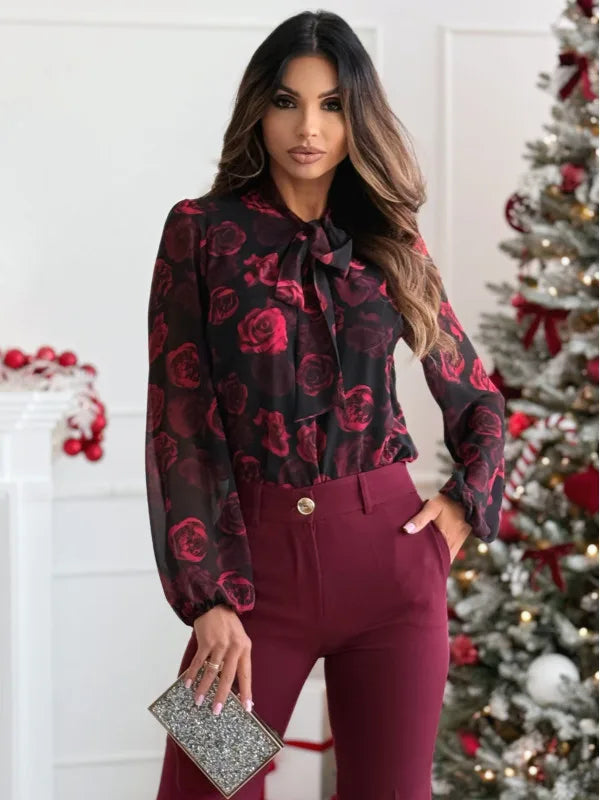 Elegant Shirts Bow Blouse Women Vintage Popular Flower Printed Slim Shirts Office Ladies Spring Autumn Fashion Long Sleeved Tops