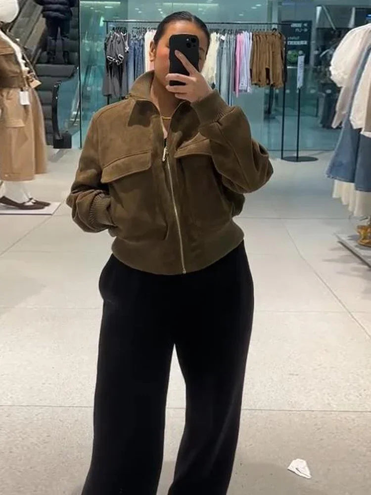 Vintage Suede Long Sleeve Jacket with Pockets for Women