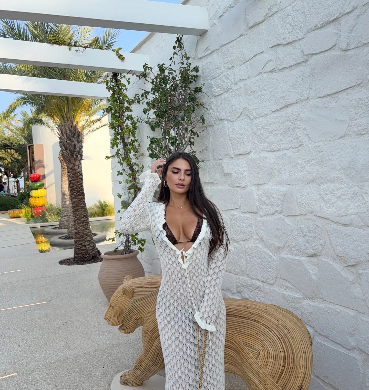 Sexy Frill Big V Neck Hollow Out Long Sleeve Maxi Dress Summer 2025 Feminine Swimwear Bikini Cover Up Women Holiday Outfits K221