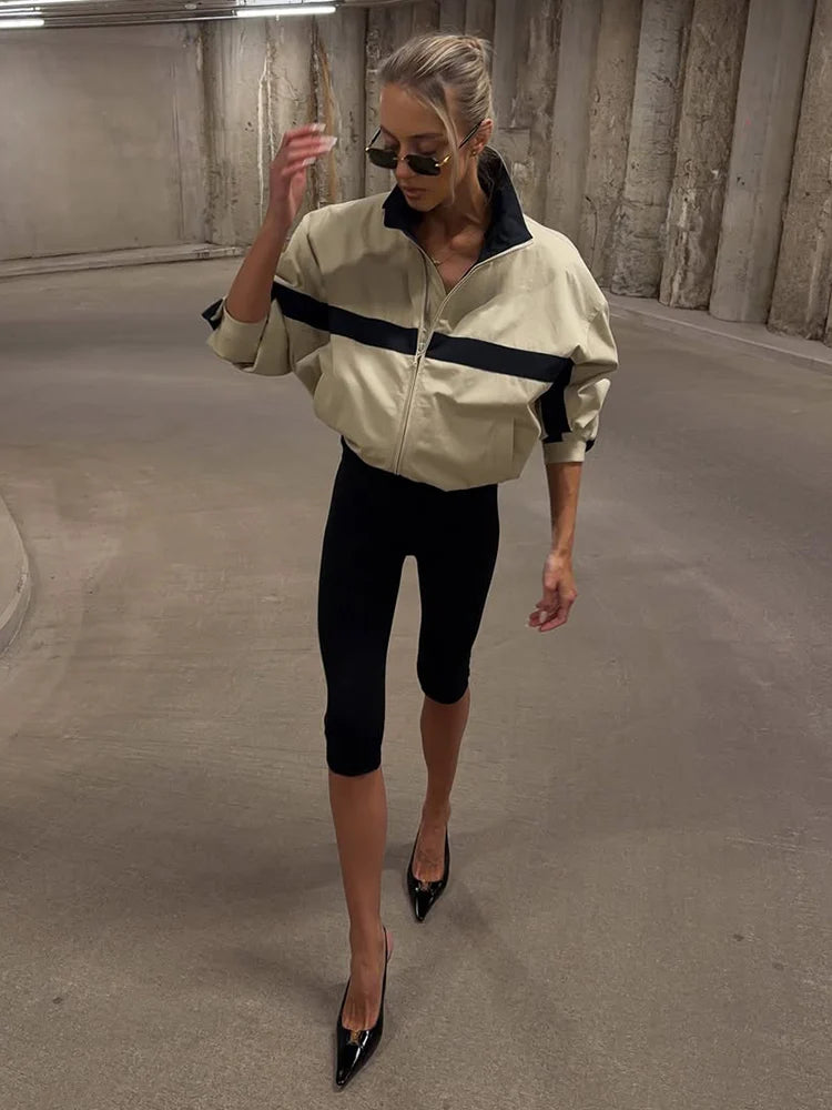 Color Block Zip Up Cropped Jacket With Stand Collar For Women