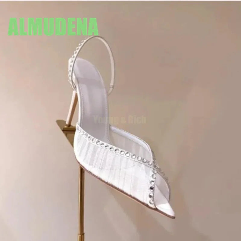 Pointed Toe Pleated Lace Rhinestone Buckle Slim Heels for Women