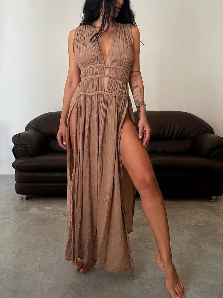 2025 Sexy Swimsuit Cover Up V Neck Back Open Beach Maxi Dress For Women Braided Belt Slit Long Tunic Vintage Party Dresses A2922