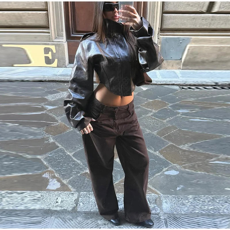 Tailored Crop Front Faux Leather Biker Jacket for Women