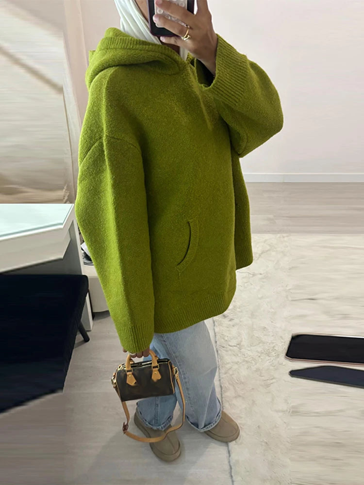 Green Women's Knit Hoodie Coat Full Sleeve Front Pocket  Casual Sweater Top 2025 Early Autumn Loose Female Knitwear Outerwear