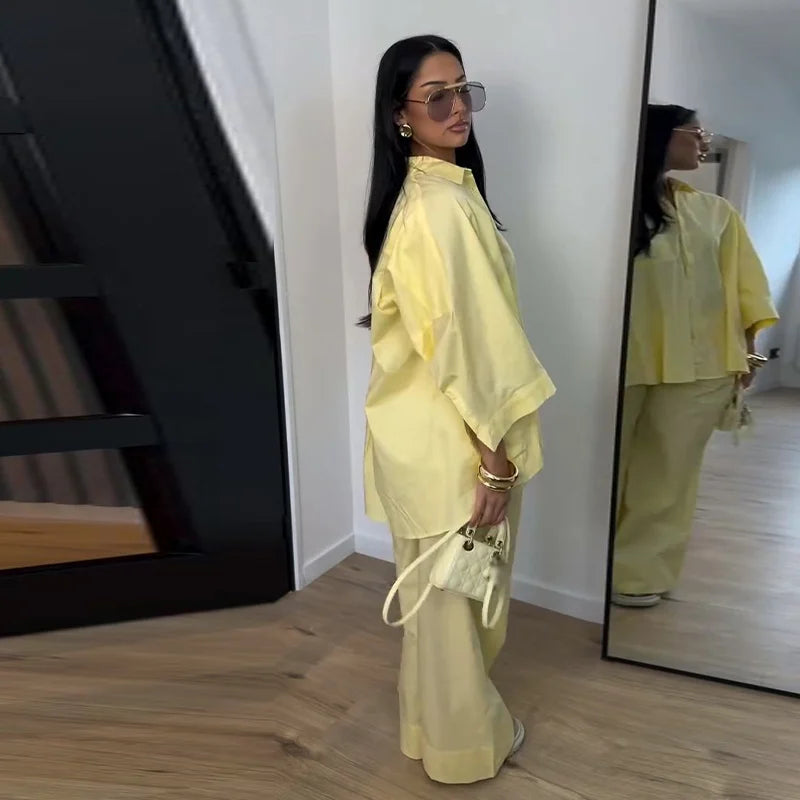 Casual Solid Shirt and Wide Leg Pants Set for Women