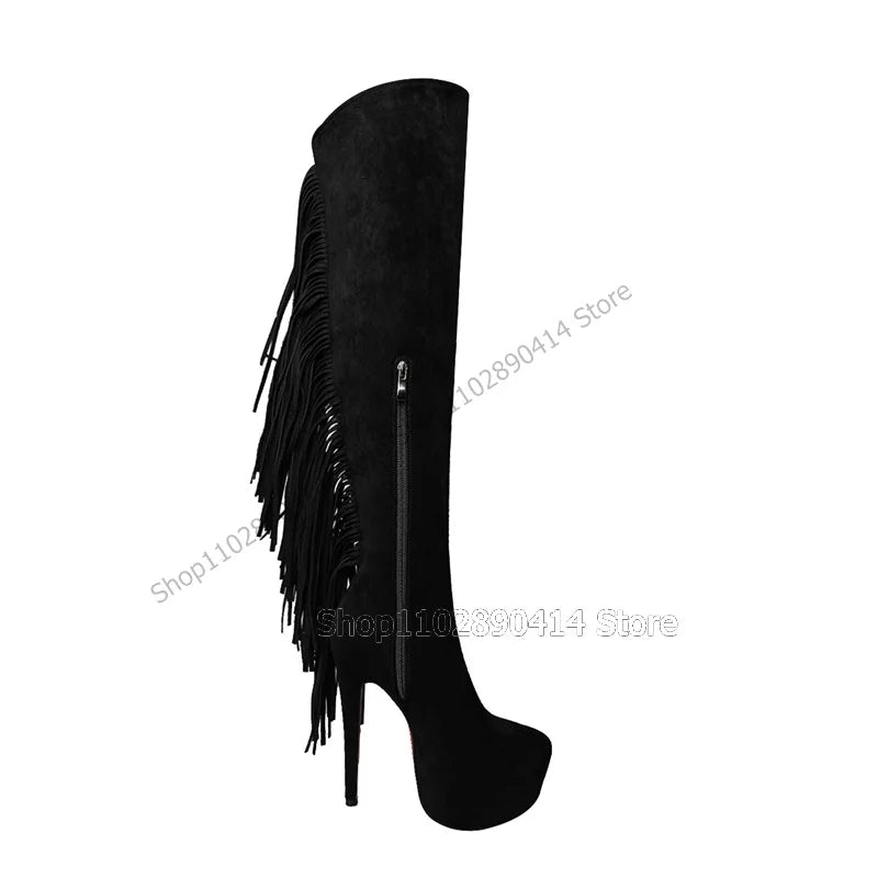 Black Tassel Platform Boots With Side Zipper For Women