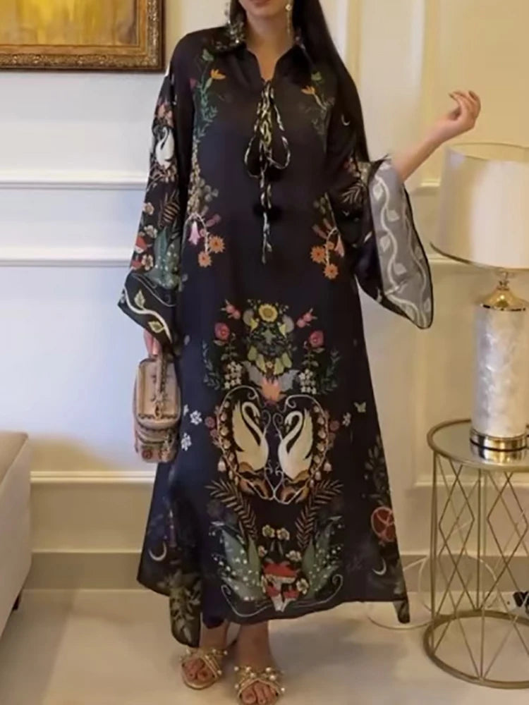 Retro Print Three Quarter Sleeve Midi Dress for Women