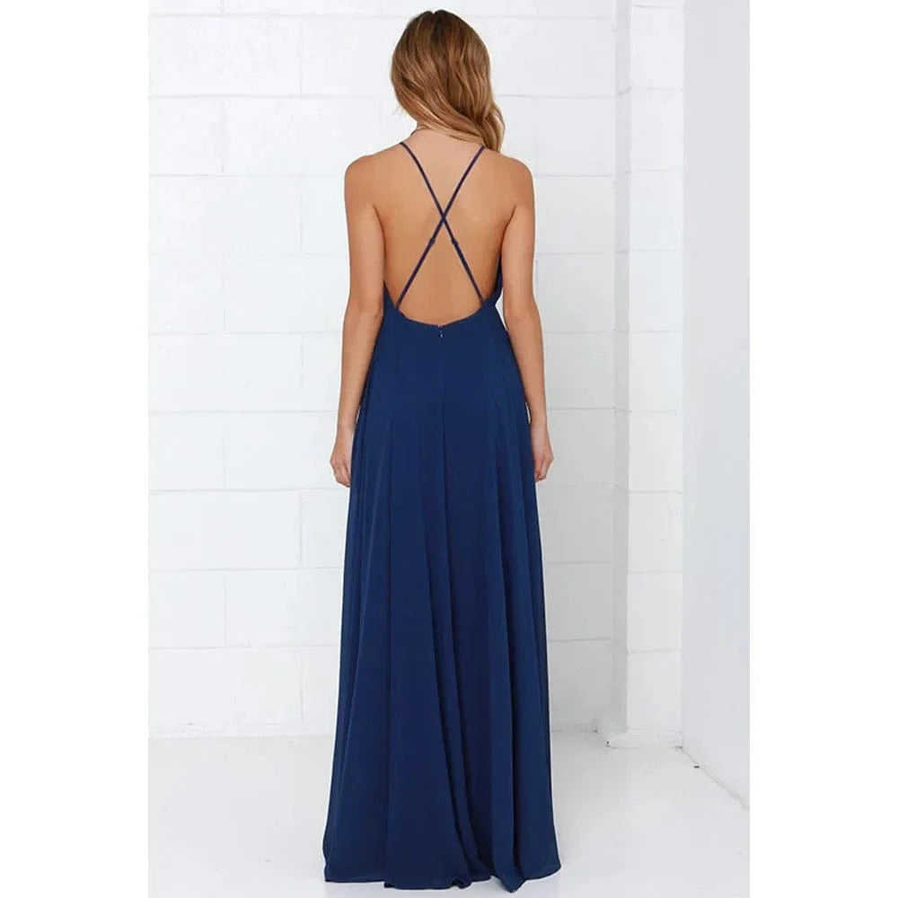 Fashion Women Summer Sleeveless Strap O neck Boho Dress Casual Long Maxi Evening Party Beach Backless Dress Sundress