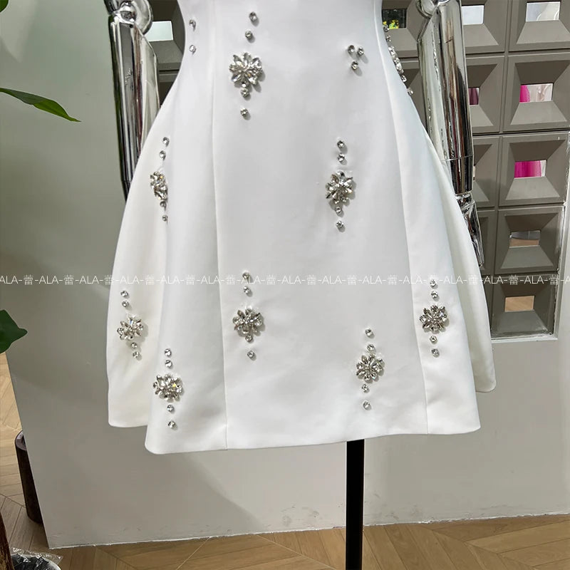 High-end Light Luxury Party Dress 2025 Summer Clothes New Heavy Industry Diamond Square Collar Waist Halter Bow Short Dress