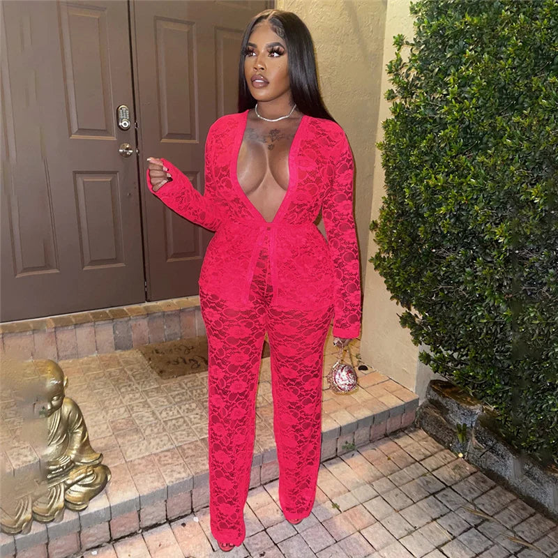 Sexy Lace Sheer Open Stitch Two Piece Set for Women
