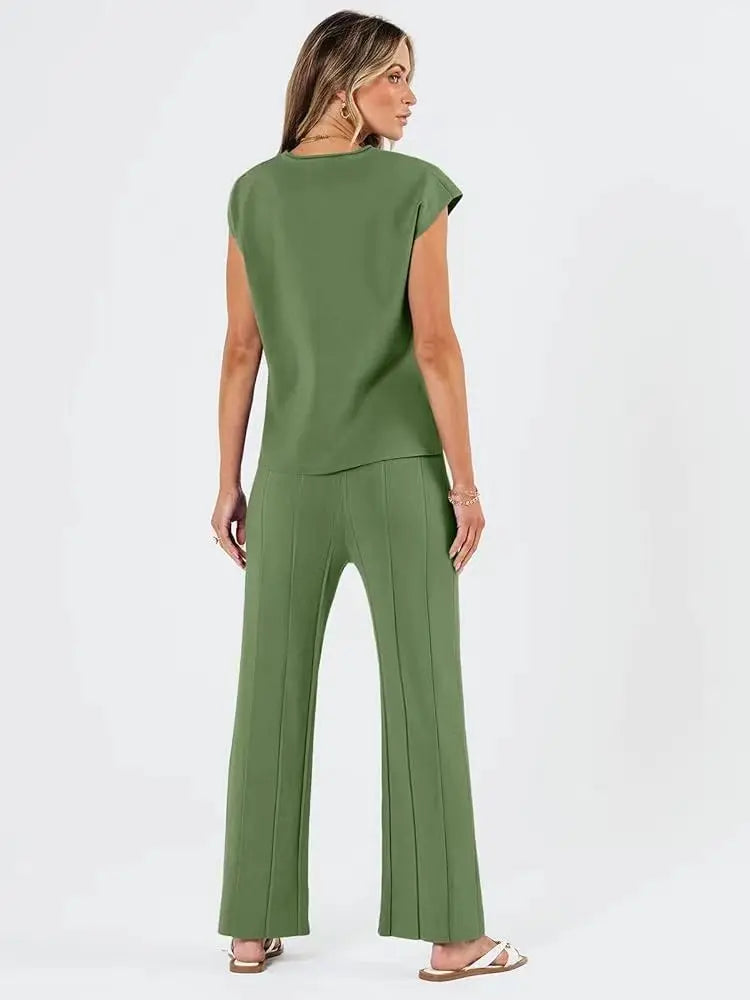 Summer Soft Knit Sleeveless Vest and Wide Leg Pants Set for Women