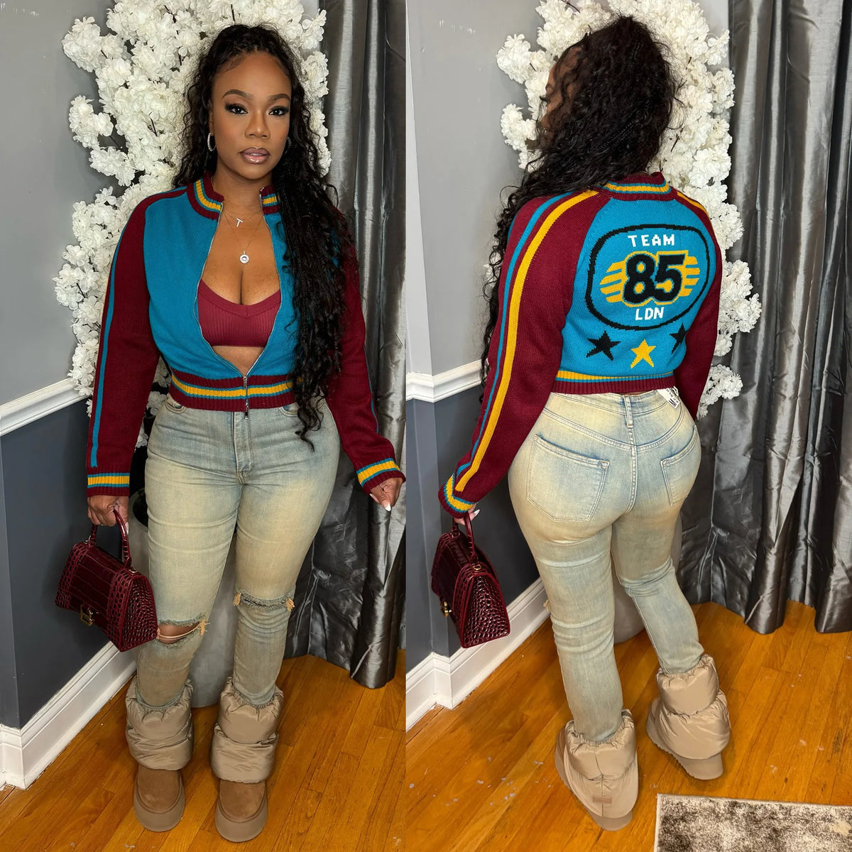 Warm Knitted Cropped Varsity Sweater Jacket for Women