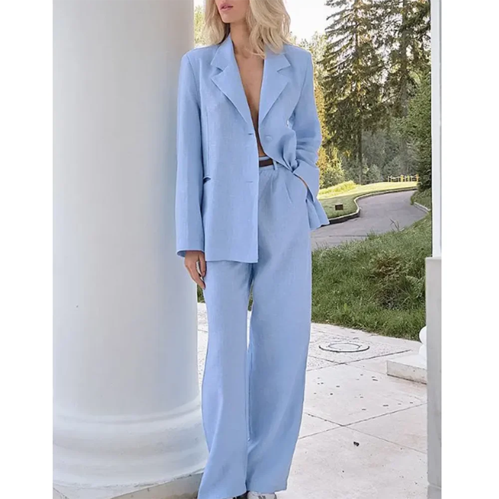 Single Breasted Light Blue Two Piece Blazer Set For Women