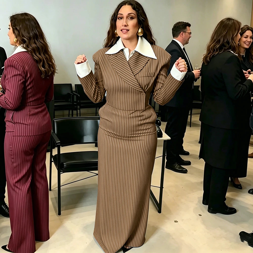 Navy Pinstripe Single Breasted Blazer Skirt Set for Women