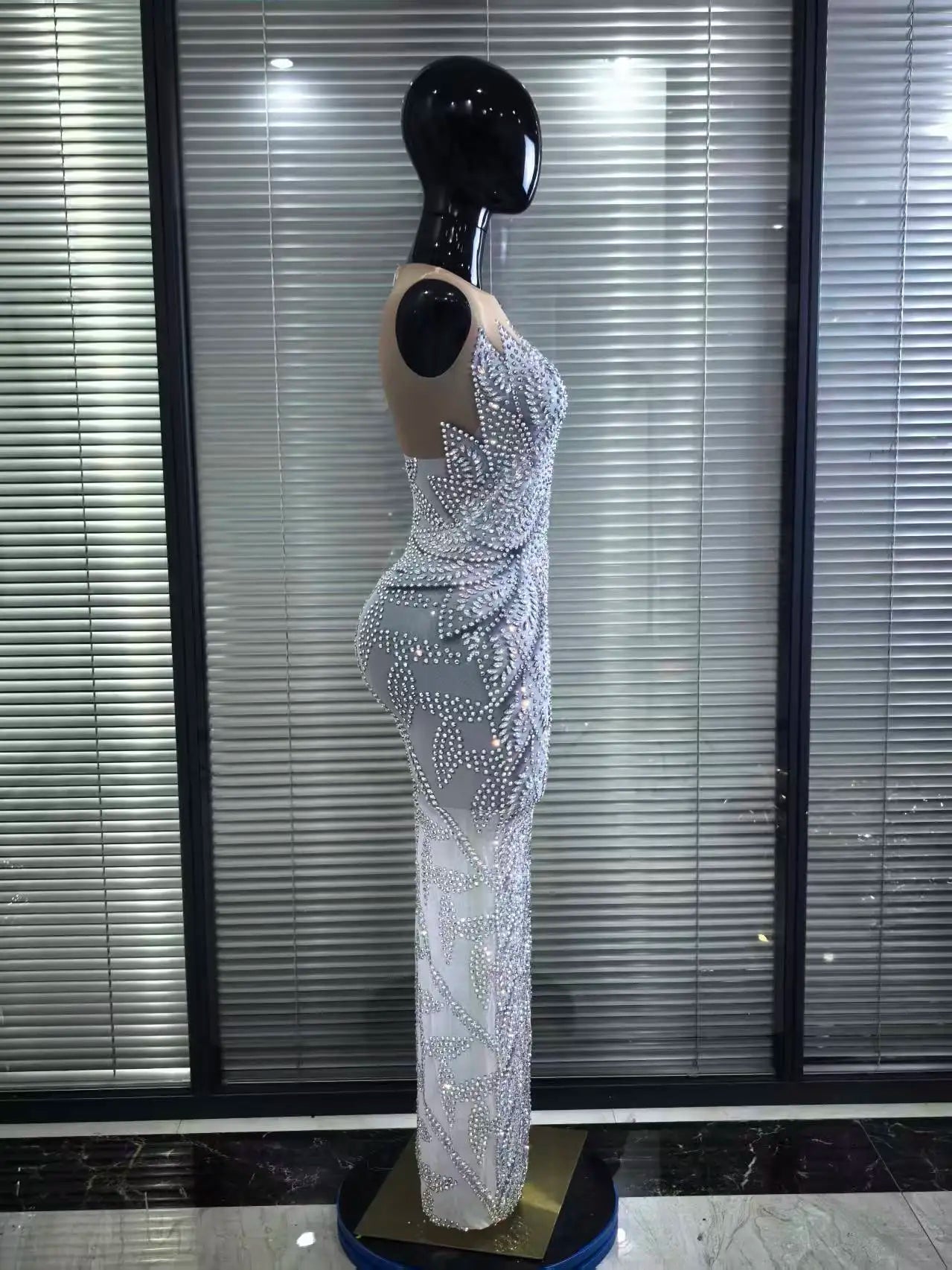 Sexy Mesh See Through Evening Prom Birthday Photo Shoot Singer Stage Outfit Luxury Rhinestone Sleeveless Silver Long Dress