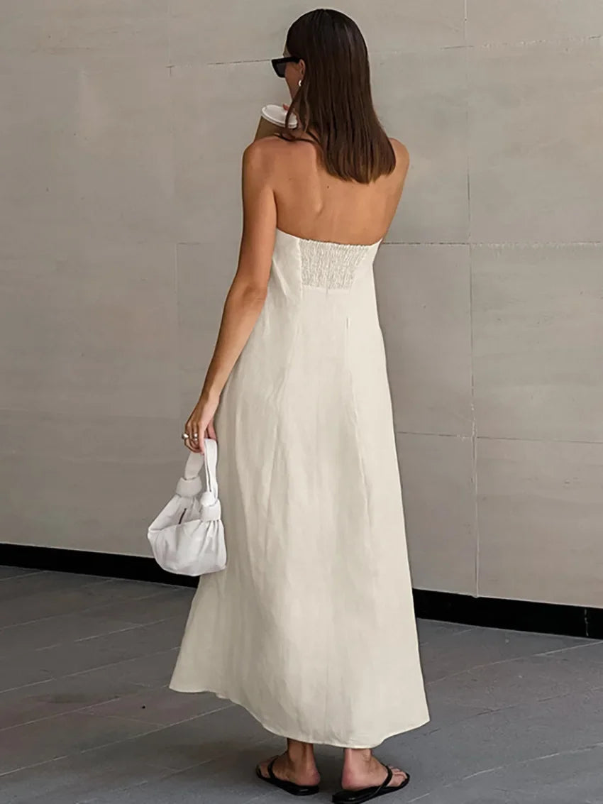 Solid Color Strapless Sleeveless Pocket Dress for Women