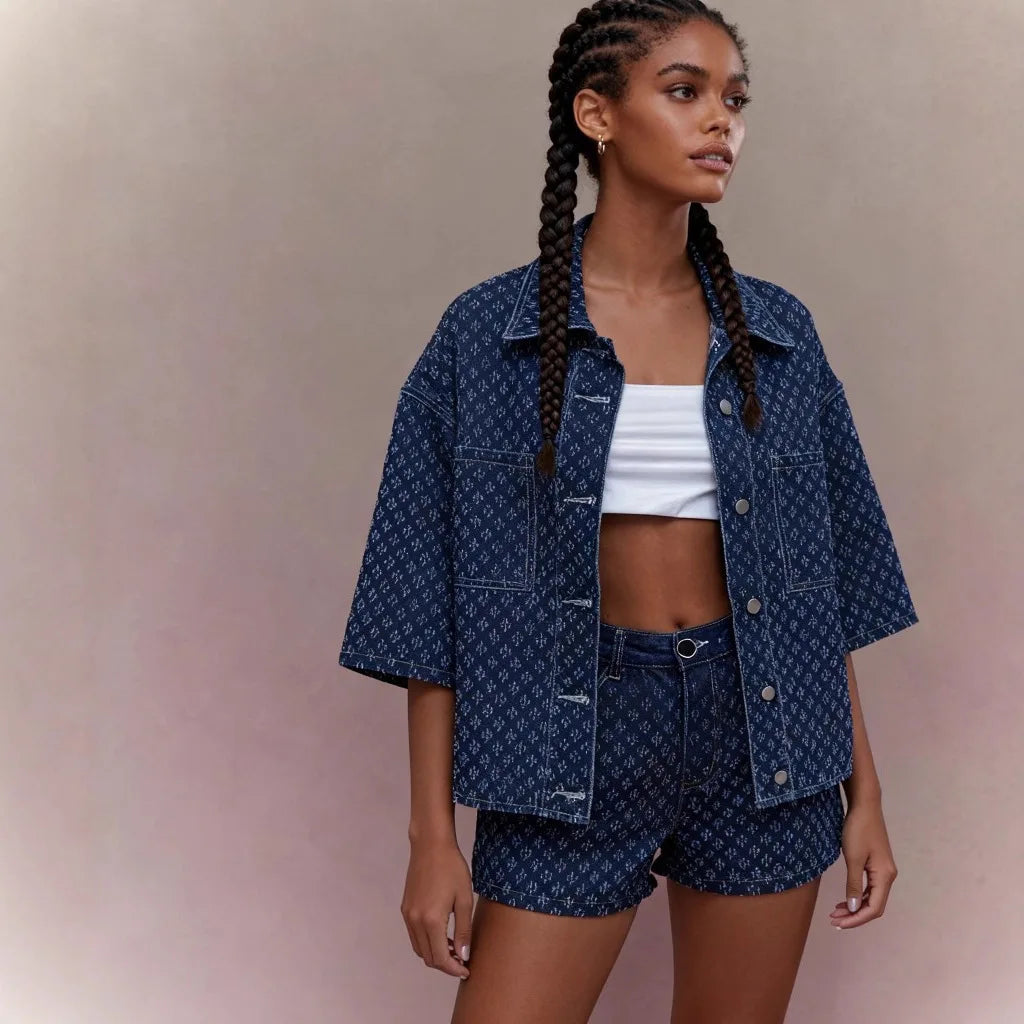 Casual Two-Piece Denim Set With Lace-Up Shorts for Women