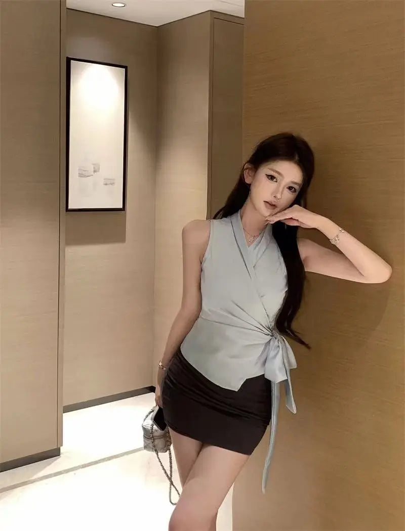 Solid V Neck Bandage Sleeveless Elegant Top for Women
