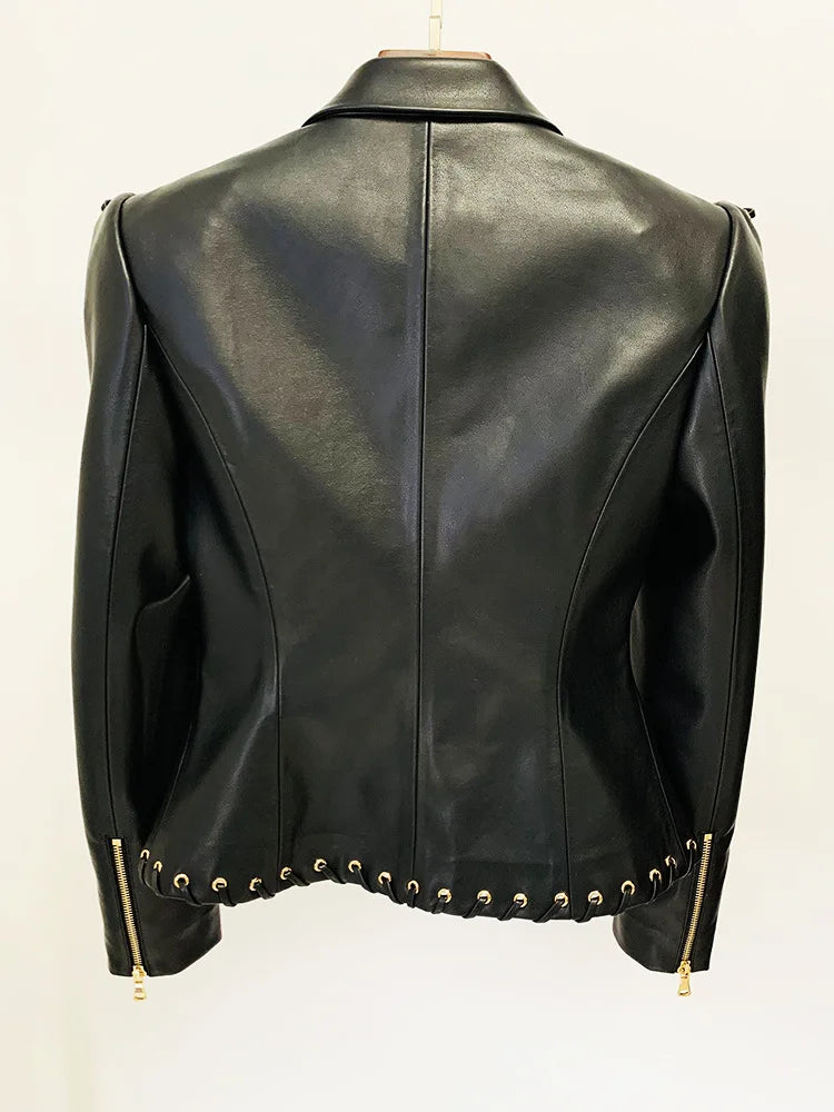 Mandarin Collar Lace-Up Faux Leather Jacket for Women