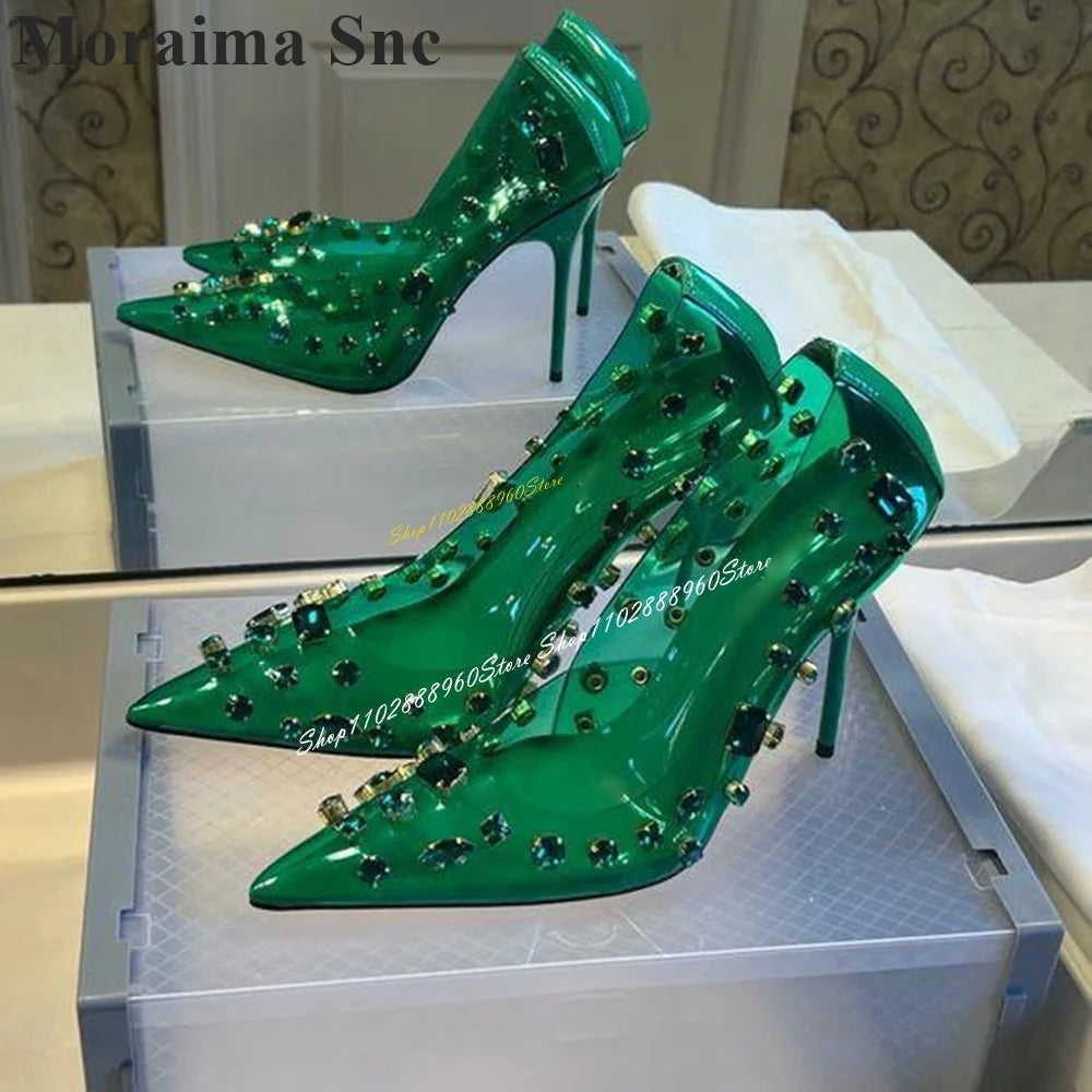 Luxurious Green Crystal Pointed Toe Pumps For Women