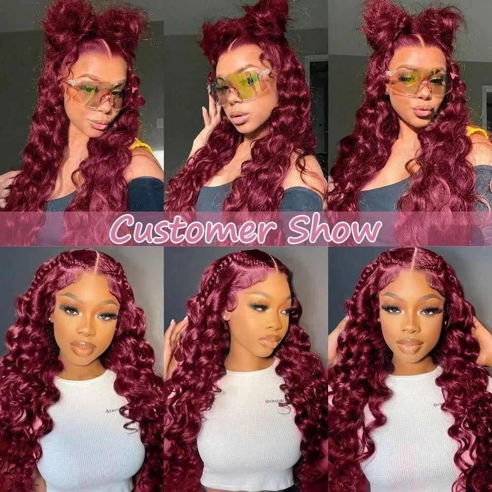 Preplucked Burgundy Deep Wave Lace Front Wig for Women