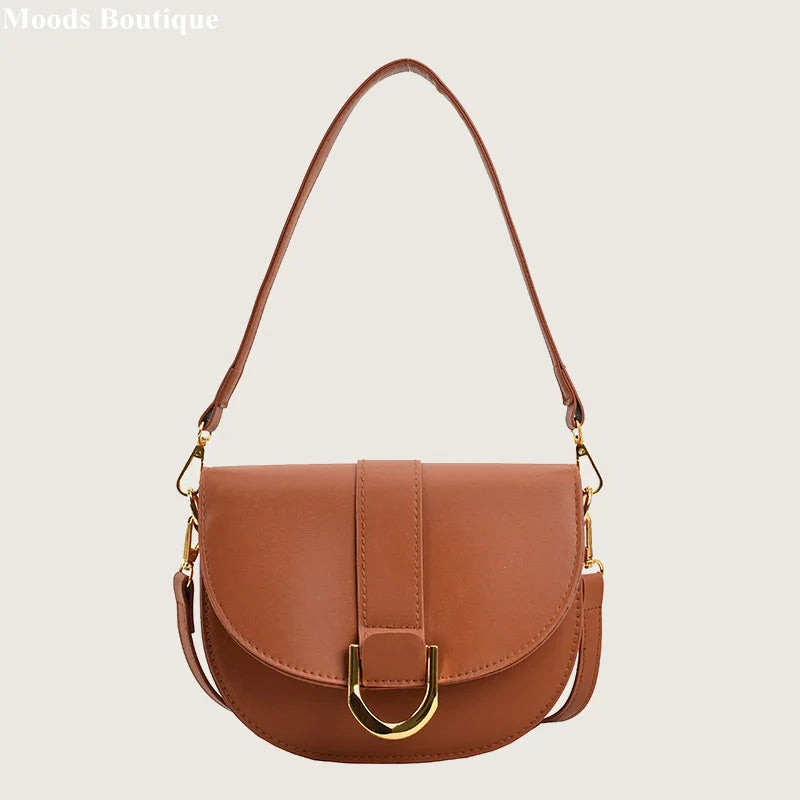 Solid Color Leather With Golden Hardware Saddle Shoulder Bag for Women