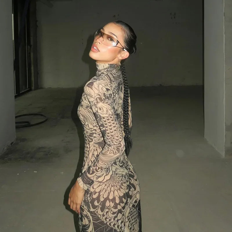Women 2023 Autumn Winter Long Sleeve Mesh See Through Streetwear Bodycon Long Dress Wholesale Items For Business