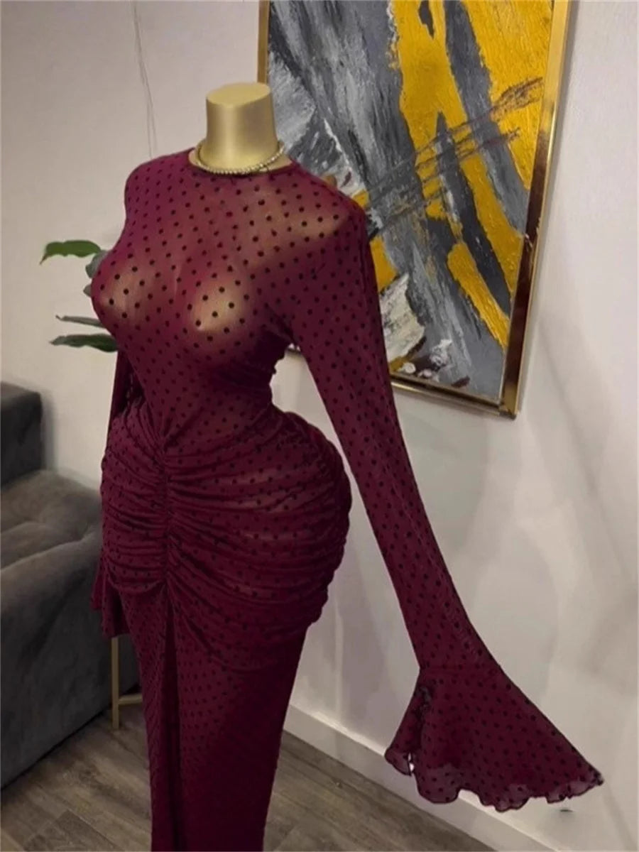 Dotted Strap Maxi Dress With Ruched Sleeves for Women