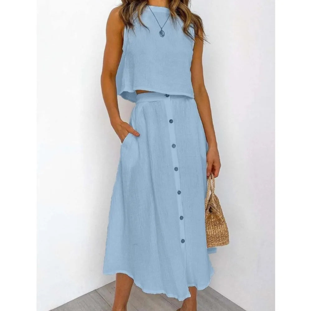 Double Layer Casual Elegant O Neck Vest And Skirt Set for Women
